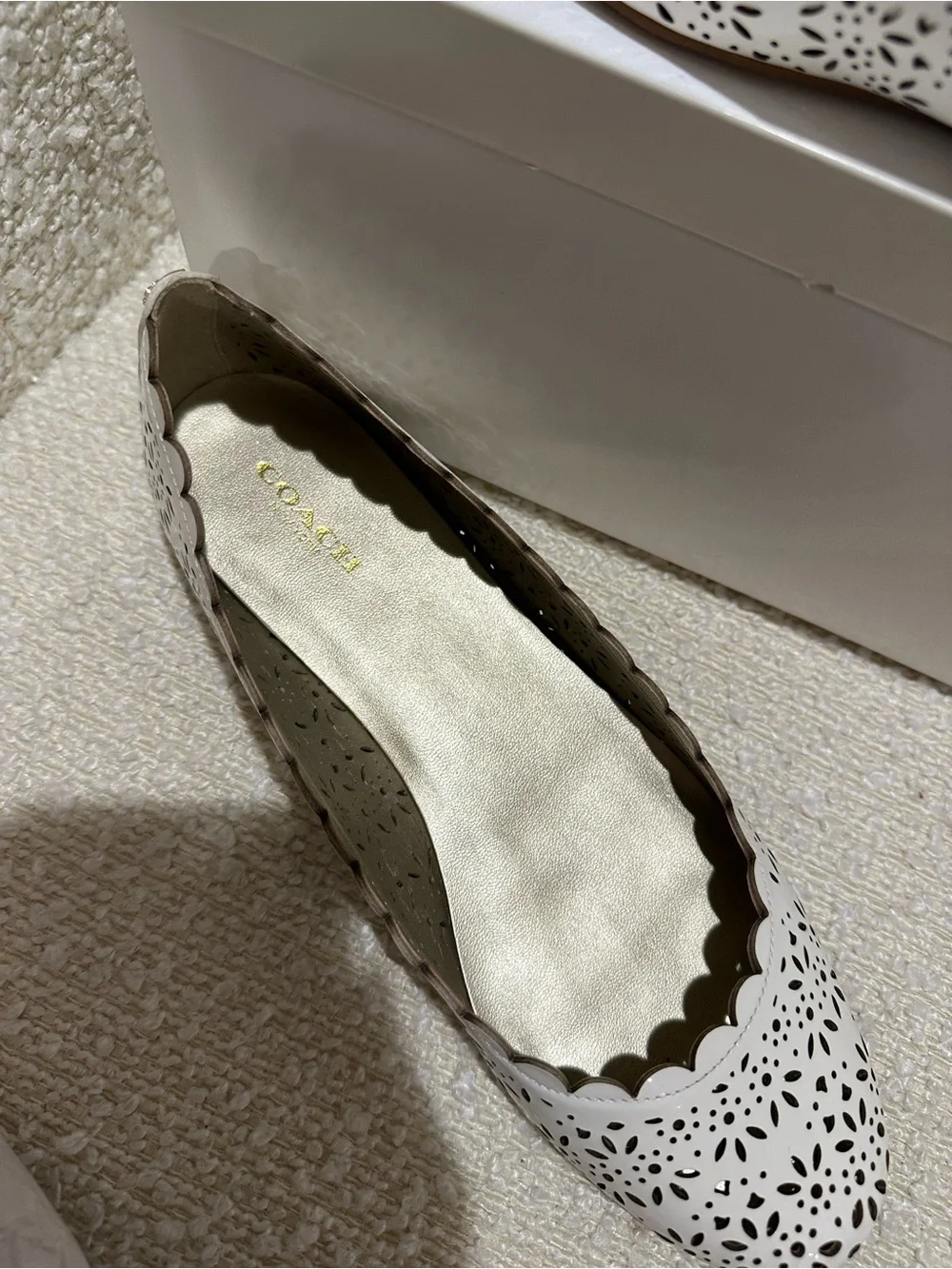 Coach White Laser-Cut Scalloped Ballet Flats